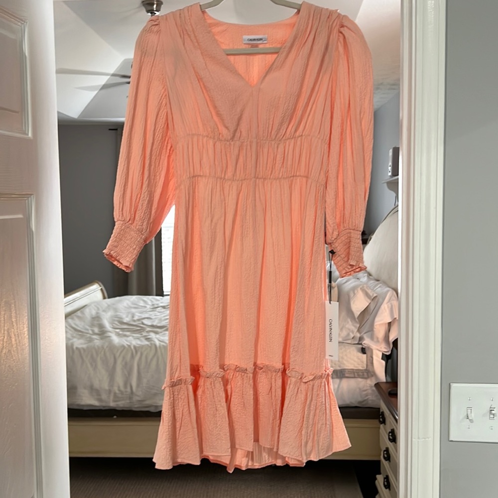 Calvin Klein Dress 2 Ladies Peach Ruffle elastic waist Dress